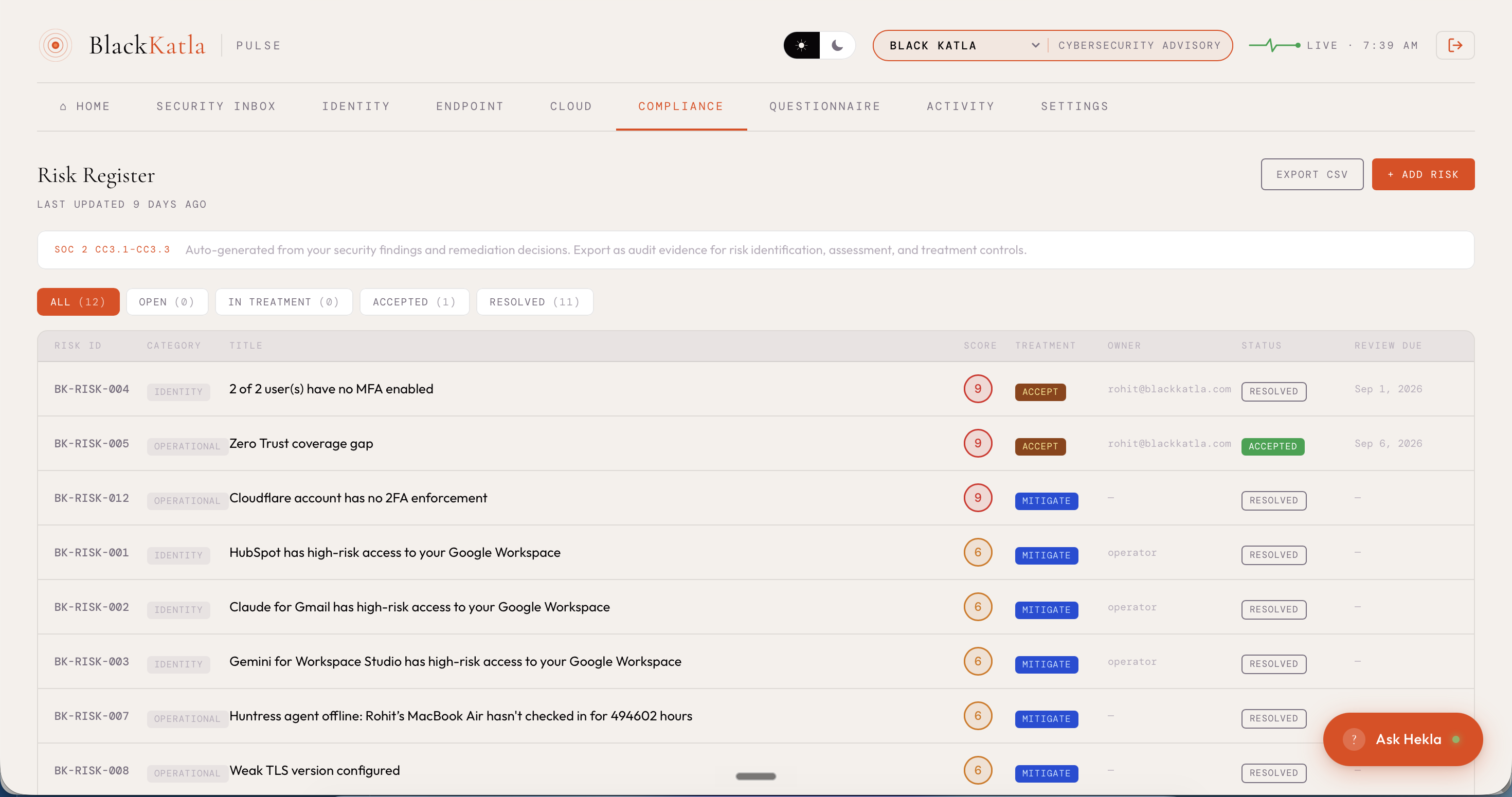 Risk register with SOC 2 control mapping and exportable audit evidence