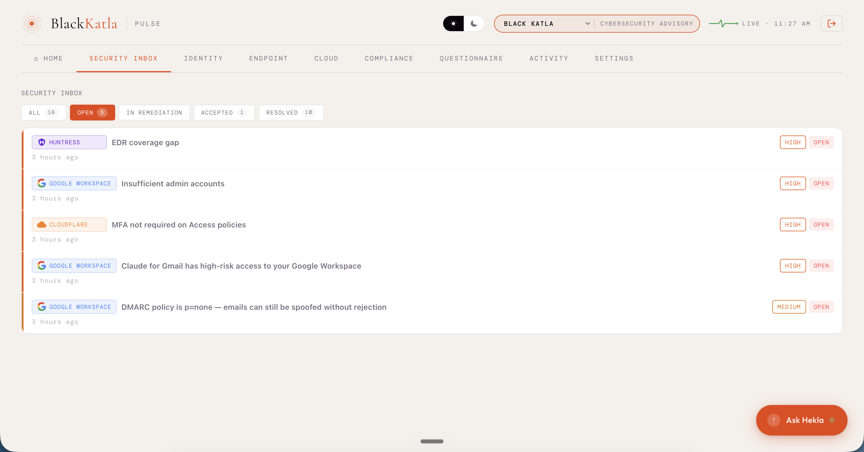 Security inbox — specific findings from Google Workspace, Cloudflare, and endpoints